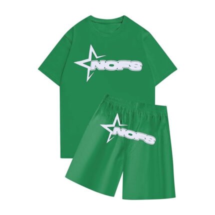 None Of Us Green Summer Set is a stylish green t-shirt and shorts ensemble for summer comfort and style